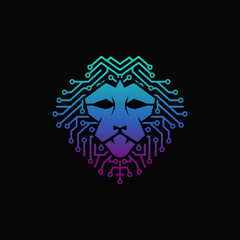 Lion head technology vector illustration logo design with gradient color