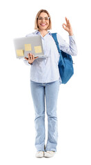 Female student with laptop showing OK on white background