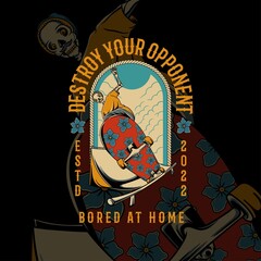 Illustration of a skull playing skateboard vintage vector suitable for t-shirt design © dot of die