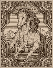 illustration vintage horse with engraving style