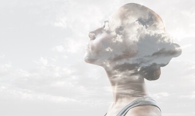 Multiple exposure clouds Woman mental health and weather dependent concept. - obrazy, fototapety, plakaty