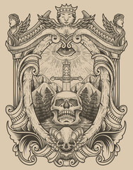 illustration antique skull sword with dark eyes engraving style