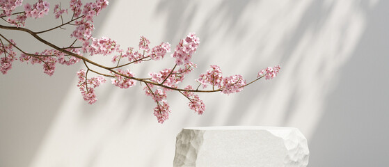 Cosmetic background. nature light stone podium and cherry blossom white background. for branding and product presentation. 3d rendering illustration. - obrazy, fototapety, plakaty