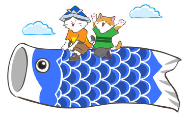 Two kittens on the big flying blue koinobori with kabuto made by origami