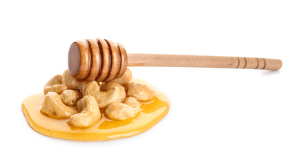 Tasty cashew nuts with honey and dipper on white background