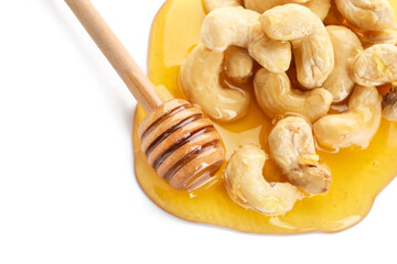 Tasty cashew nuts with honey and dipper on white background, closeup