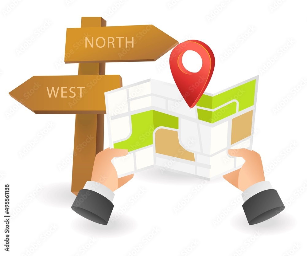 Poster Flat isometric concept illustration. find direction location with map