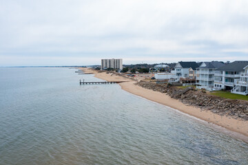 Aerial View of Ocean View Beach in Norfolk Virginia on a cloudy day