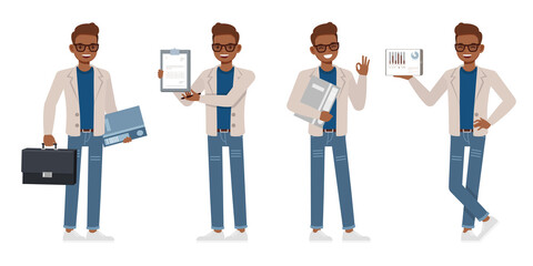 Set of Accountant man wear cream color suit character vector design. Presentation in various action. People working in office planning, thinking and economic analysis.