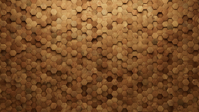 Natural Tiles arranged to create a Hexagonal wall. Soft sheen, Wood Background formed from 3D blocks. 3D Render