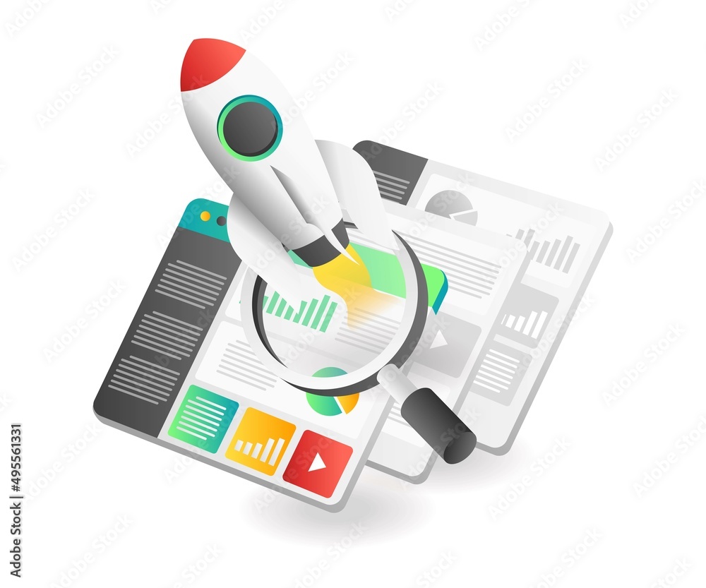 Poster flat isometric concept illustration. product app web launch