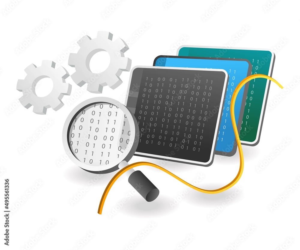 Fototapete Flat isometric concept illustration. Programmer's binary code computer analysis process