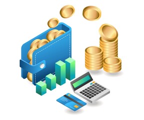 Flat isometric concept illustration. Money is stored in the wallet