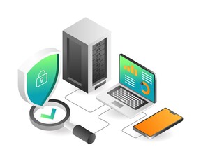 Flat isometric concept illustration. Server security analysis network