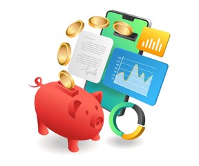 Flat isometric concept illustration. smartphone put money into piggy bank analyst