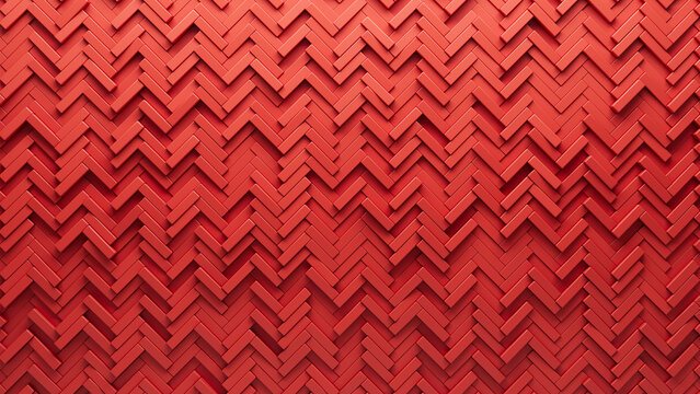 Futuristic, Red Wall background with tiles. 3D, tile Wallpaper with Herringbone, Polished blocks. 3D Render