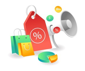 Flat isometric concept illustration. big shopping discount campaign