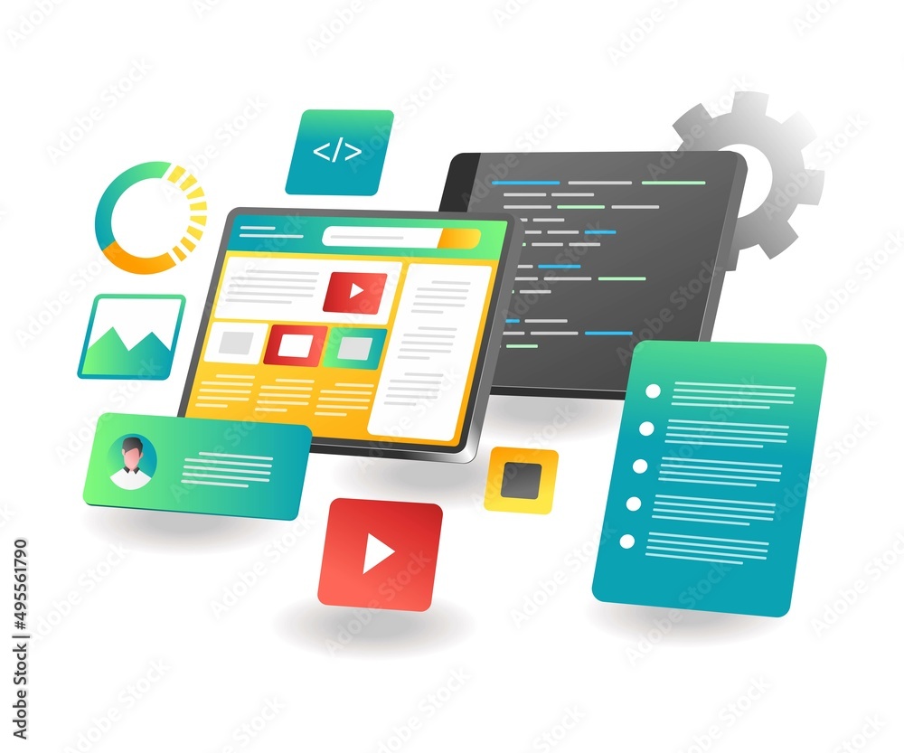 Poster Flat isometric illustration landing page concept. developer application web design layout