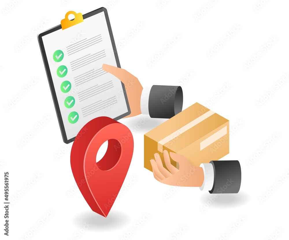 Poster Flat isometric illustration landing page concept. observe the delivery list