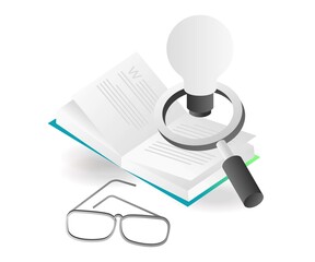 Flat isometric illustration landing page concept. looking for information on ideas in books