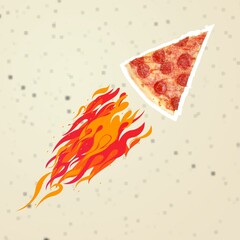 Fast delivery service. Pizza time concept. Contemporary art collage of pizza in shape of rocket