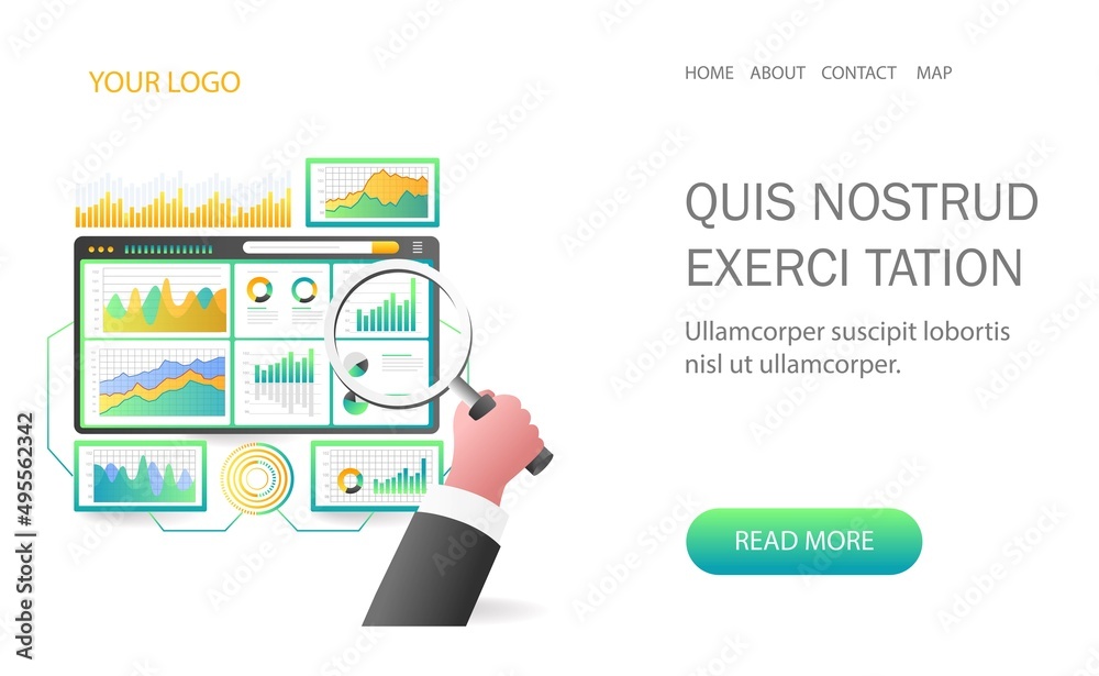 Poster landing page concept flat isometric illustration. analyze monitoring data