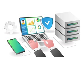 Landing page concept flat isometric illustration. analyze server security