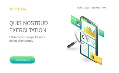 Landing page concept flat isometric illustration. business analysis with smartphone
