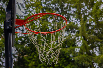 Awesome shot of basketball hoop with green natural background on sunny day.