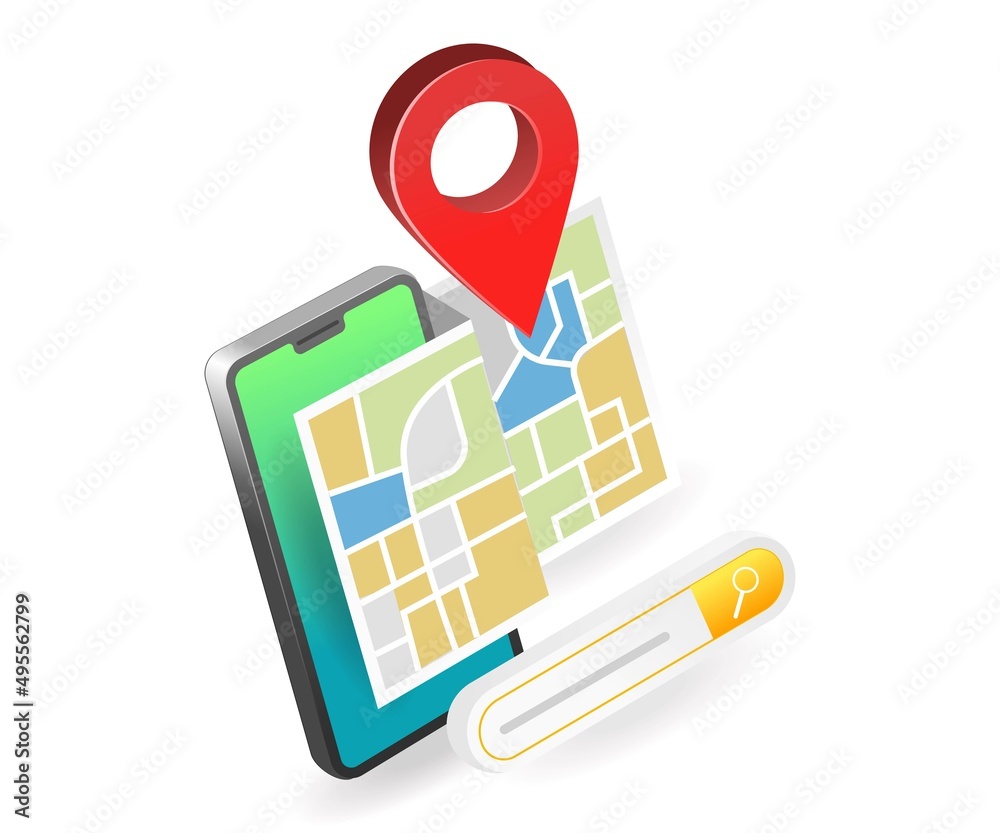 Poster Landing page concept flat isometric illustration. map app find address location