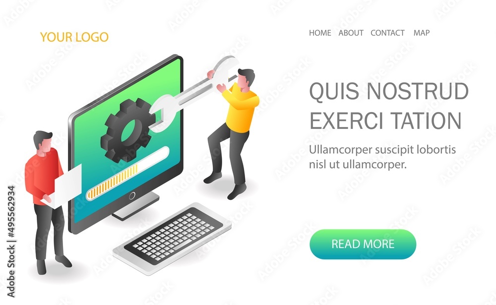 Aufkleber landing page concept flat isometric illustration. two men data monitoring and web app maintenance up
