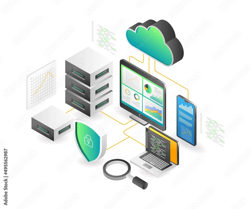 Poster Landing page concept flat isometric illustration. cloud server transformation digital analyst data monitoring