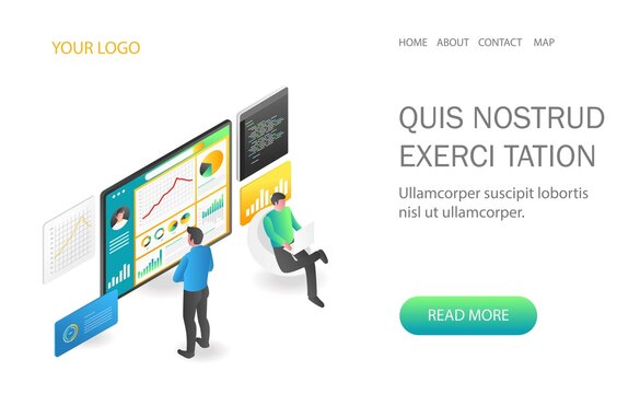Landing page concept flat isometric illustration. two men monitoring data analysis server programmer