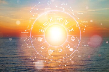 Zodiac signs inside of horoscope circle astrology and horoscopes concept on background - obrazy, fototapety, plakaty