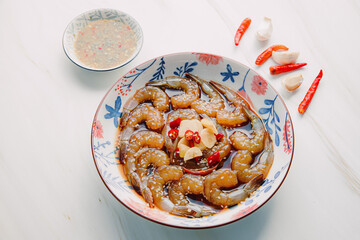 Korean style pickled shrimps (Saewoo-Jang), marinate raw shrimps with chili, garlic and soy sauce
