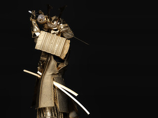 A samurai wearing golden armor and holding a sword. 3D illustration.