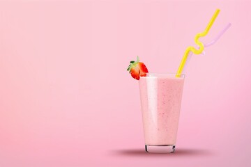 Glass of strawberry yogurt on color pastel  background
