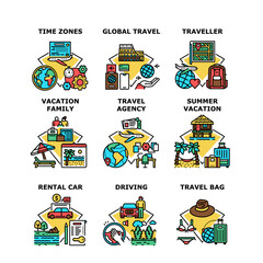 Family Vacation Set Icons Vector Illustrations. Rental Car Driving On Summer Family Vacation, Traveling Agency Offering Global Travel For Traveler. Worldwide Time Zones Color Illustrations