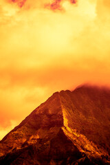 Mountain range on Oahu, Hawaii, covered with clouds