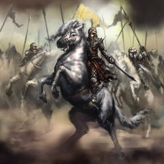 An Arab commander on a horse leads his cavalry into battle, he has a turban on his head and he has a scimitar in his hand. Digital drawing style, 2D illustration - obrazy, fototapety, plakaty