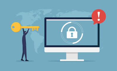 Phishing and cyber crime attacks vector illustration. Hacker holding keys to unlock and stealing data privacy.