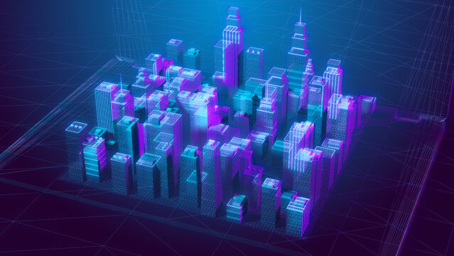 NFT Virtual real estate NFTs virtual metaverse land minted on the blockchain or smart city concept - Illustration Rendering