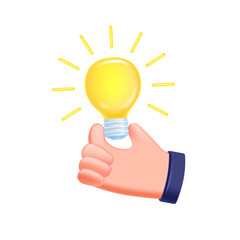 3d light bulb concept idea illustration, enlightenment and thought maturation. Light bulb in hand. Light bulb rendering, business and startup idea. Isolated on a white background. 3D vector graphics