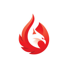Modern bird head and fire or flame logo design, phoenix firebird vector icon