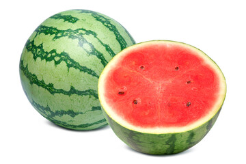 Fresh ripe juicy watermelon in whole and cut half isolated on white background with clipping path