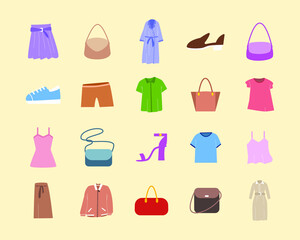 Set of woman clothes icons, cartoon hand drawn illustration design.