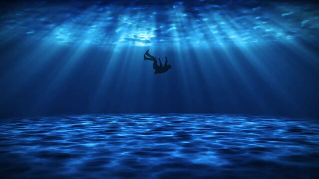 Drowning Man in Deep Ocean Dramatic Scene. The Drowned Person Floating Down Slowly underwater to the button of sea. 4K Scenery Video 