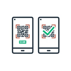 QR code scanning icon on smartphone on white background.  Barcode scanner symbol for payments, promos, web, mobile apps.  Vector illustration.