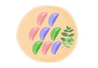 Songpyeon, half moon shape rice cake with sweet inside. Korean autumn harvest festival, Chuseok. Traditional Korean food. Isolated plate of Colorful rice cake vector illustration on white background.