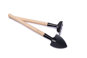 Garden trowel and rake in isolated with clipping path. .gardening equipment.